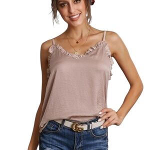 TRÏBE Y2K Pink Color Ruffle Satin Like Tank Camisole Size Medium NWT